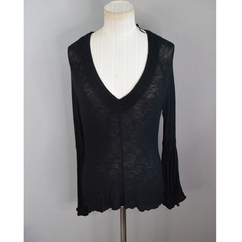 Free People Intimately Top M Black Bell Sleeve V-Neck Sheer Whimsygoth